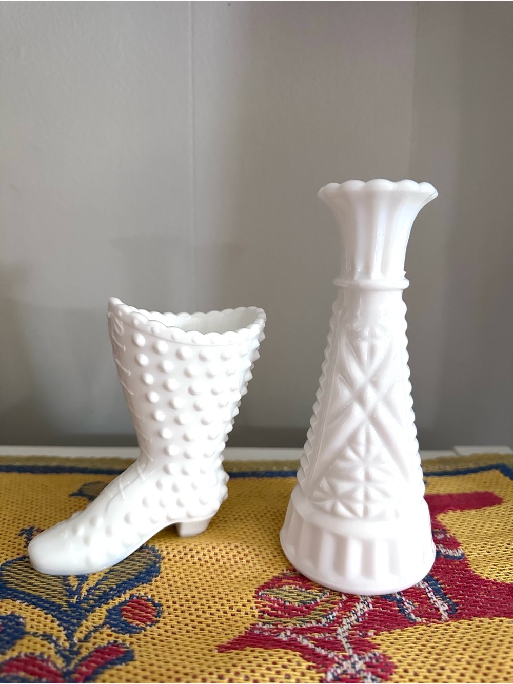 Vintage Milk Glass Pair - Fenton Hobnail Boot, Anchor Hocking Bud Vase